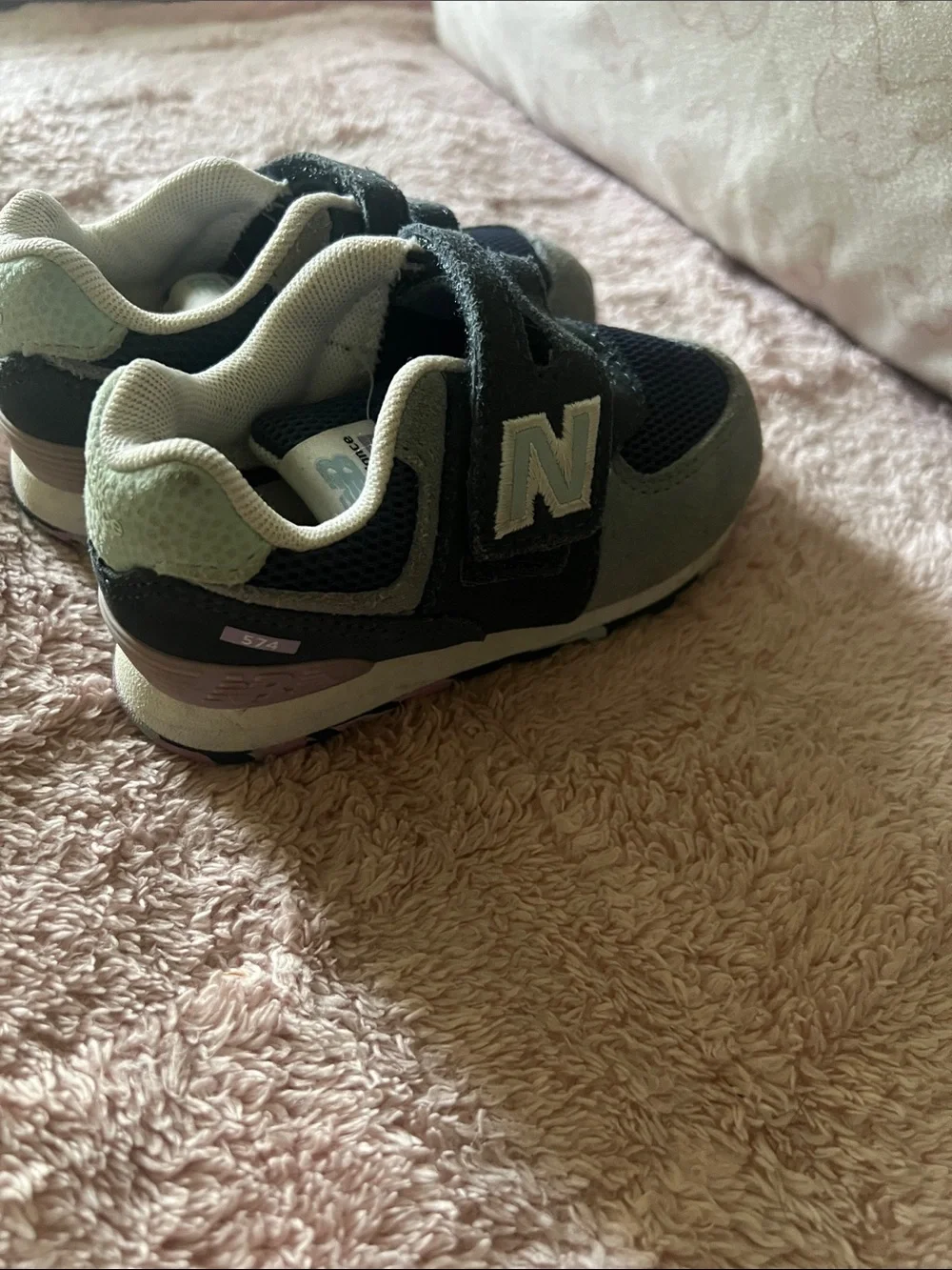 New Balance Kids blue and gray Green Velcro Sneakers